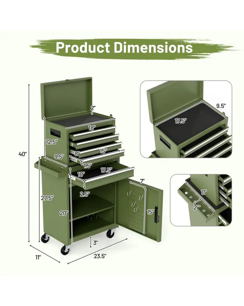 2-in-1 Rolling Tool Chest with 5 Sliding Lockable Drawers-Green - Green - Garages
