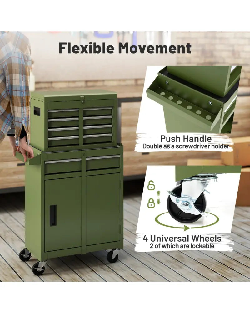 2-in-1 Rolling Tool Chest with 5 Sliding Lockable Drawers-Green - Green - Garages