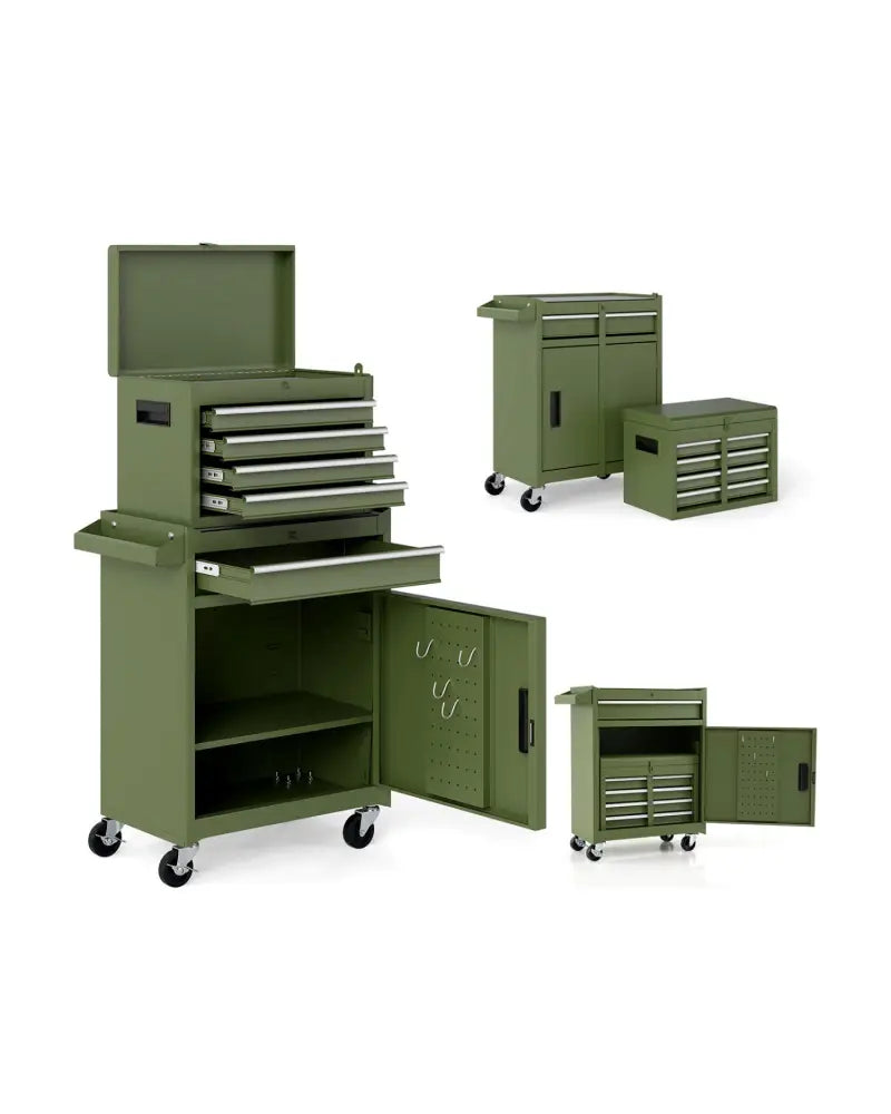 2-in-1 Rolling Tool Chest with 5 Sliding Lockable Drawers-Green - Green - Garages