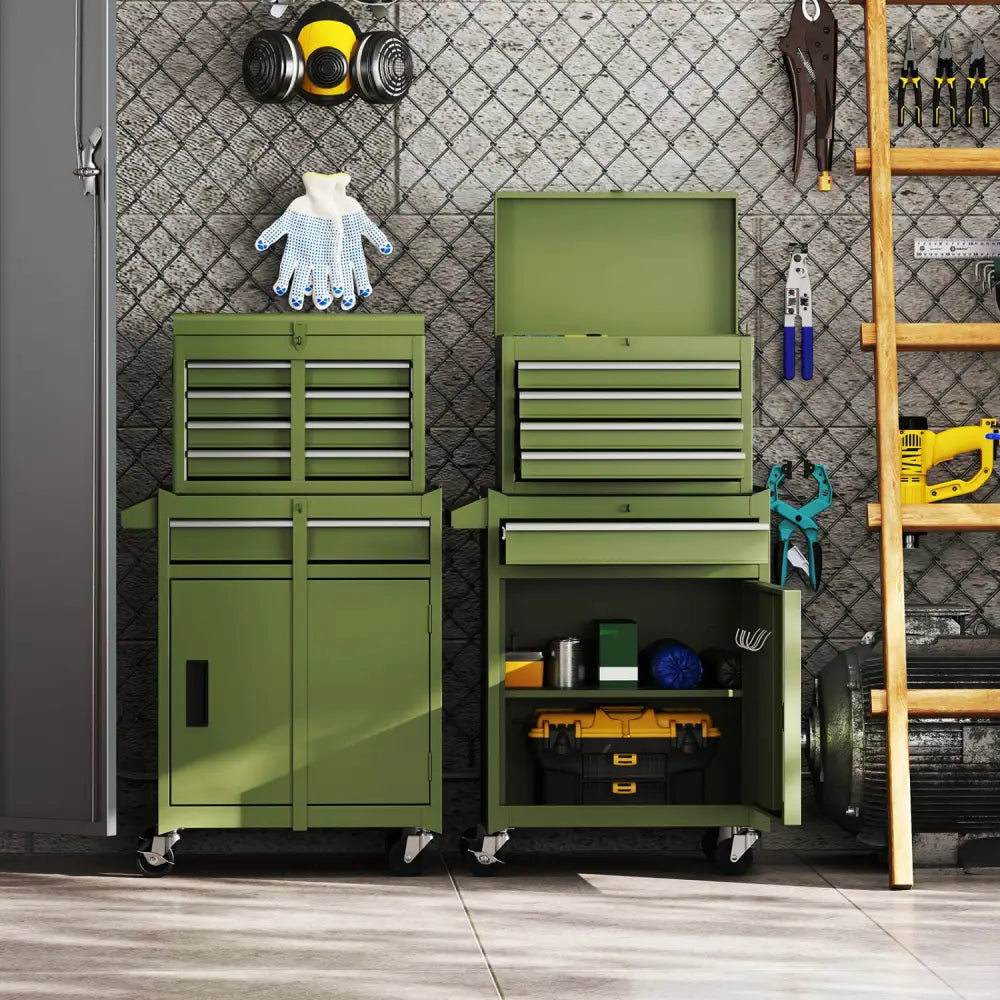 2-in-1 Rolling Tool Chest with 5 Sliding Lockable Drawers-Green - Green - Garages
