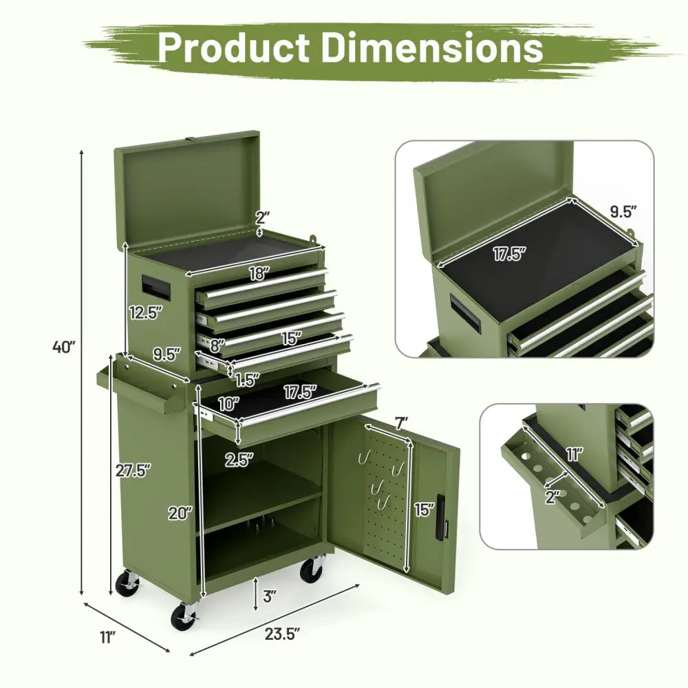 2-in-1 Rolling Tool Chest with 5 Sliding Lockable Drawers-Green - Green - Garages