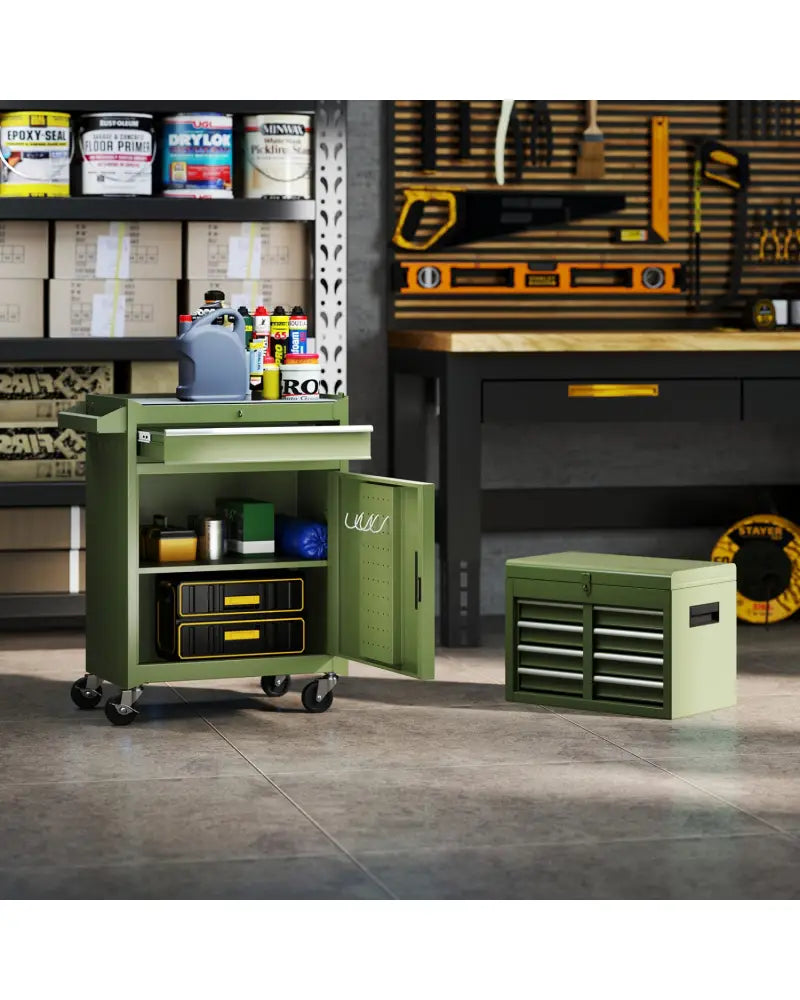 2-in-1 Rolling Tool Chest with 5 Sliding Lockable Drawers-Green - Green - Garages