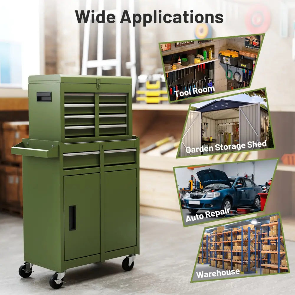 2-in-1 Rolling Tool Chest with 5 Sliding Lockable Drawers-Green - Green - Garages