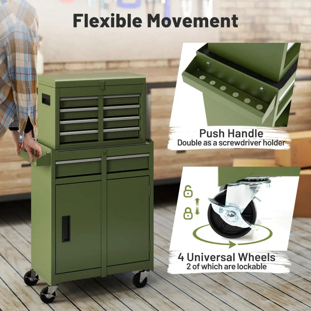 2-in-1 Rolling Tool Chest with 5 Sliding Lockable Drawers-Green - Green - Garages