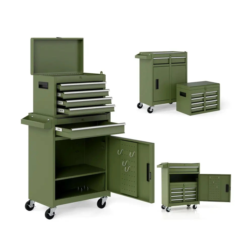 2-in-1 Rolling Tool Chest with 5 Sliding Lockable Drawers-Green - Green - Garages
