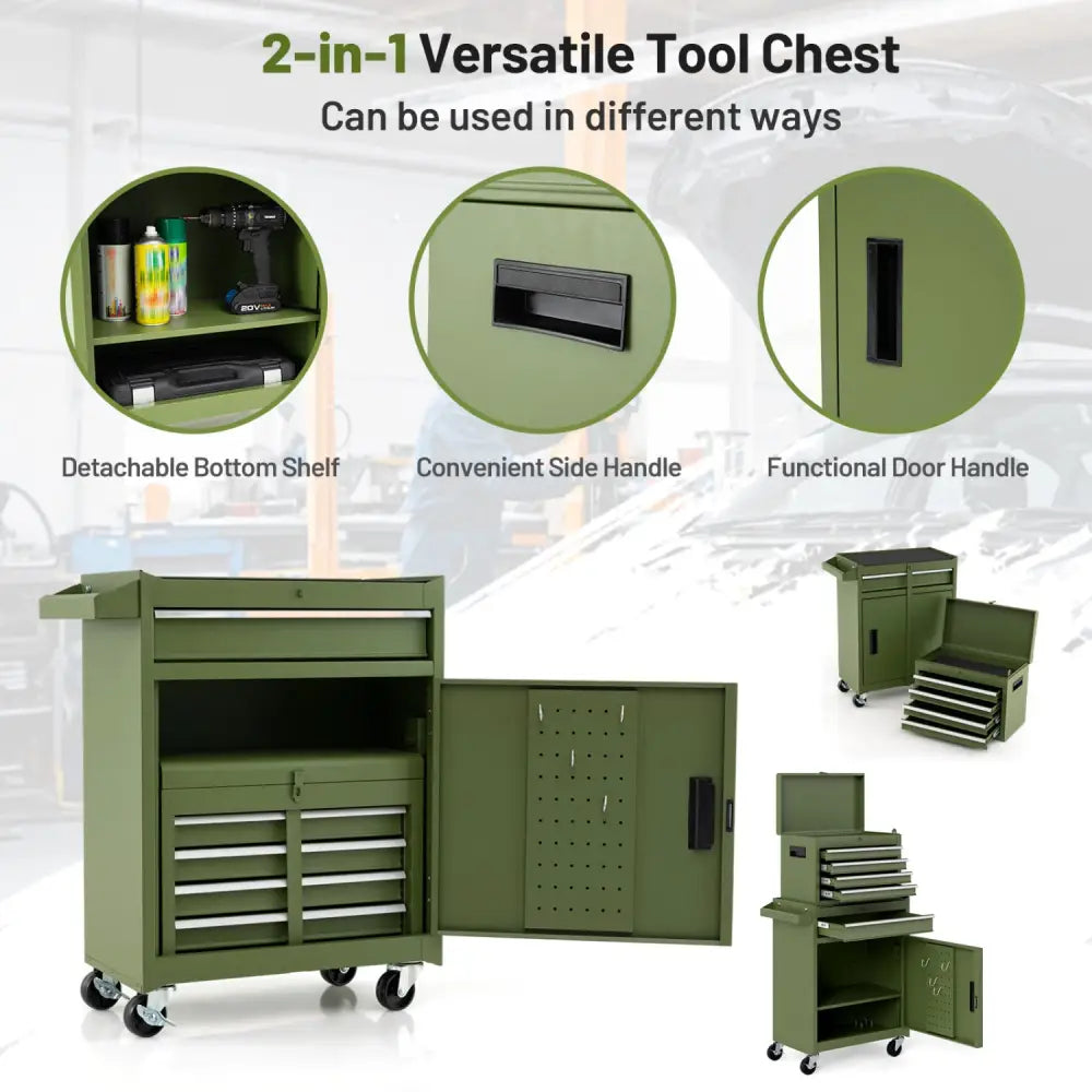 2-in-1 Rolling Tool Chest with 5 Sliding Lockable Drawers-Green - Green - Garages