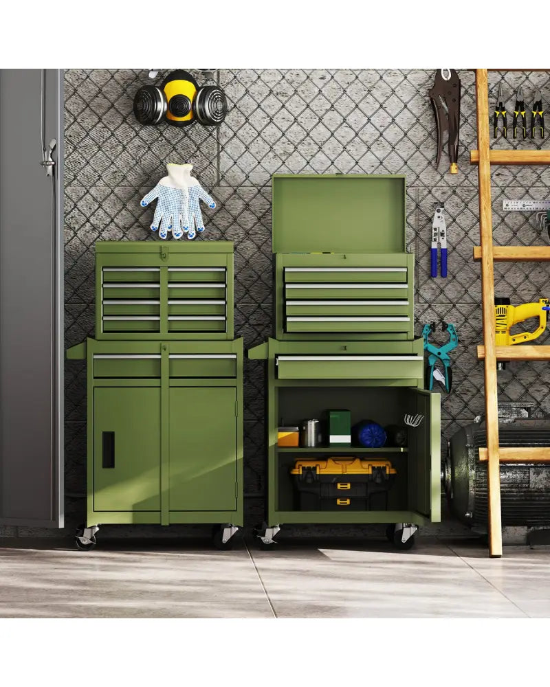 2-in-1 Rolling Tool Chest with 5 Sliding Lockable Drawers-Green - Green - Garages