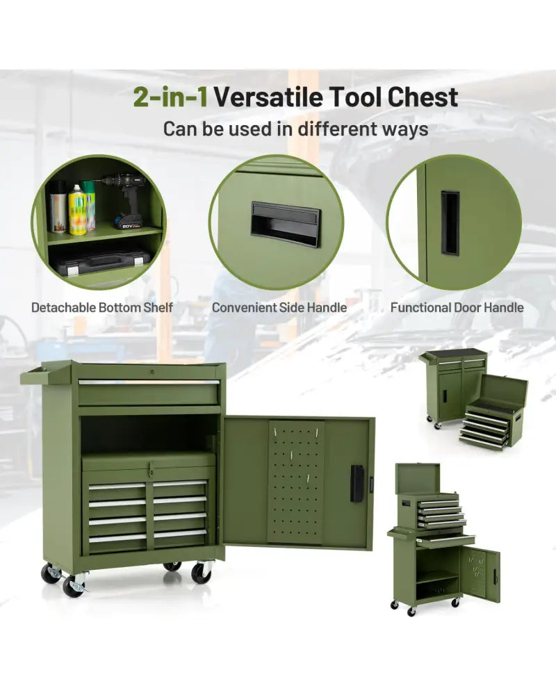 2-in-1 Rolling Tool Chest with 5 Sliding Lockable Drawers-Green - Green - Garages