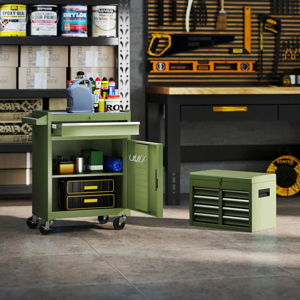 2-in-1 Rolling Tool Chest with 5 Sliding Lockable Drawers-Green - Green - Garages