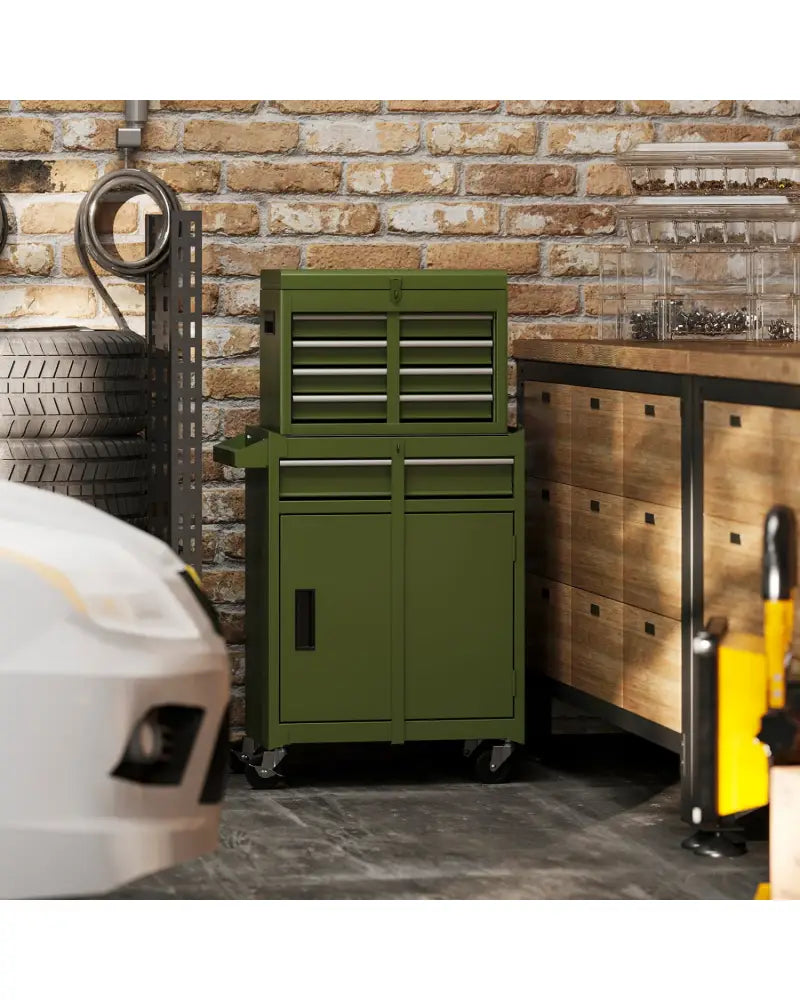 2-in-1 Rolling Tool Chest with 5 Sliding Lockable Drawers-Green - Green - Garages