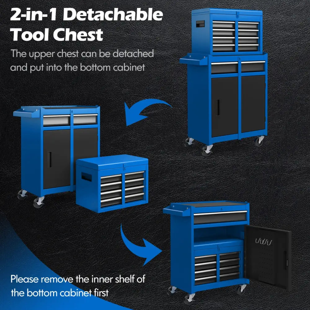 2-in-1 Rolling Tool Chest with 5 Sliding Lockable Drawers-Navy - Navy - Garages
