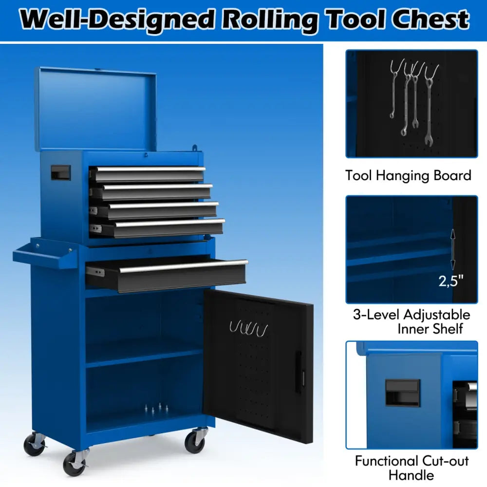 2-in-1 Rolling Tool Chest with 5 Sliding Lockable Drawers-Navy - Navy - Garages