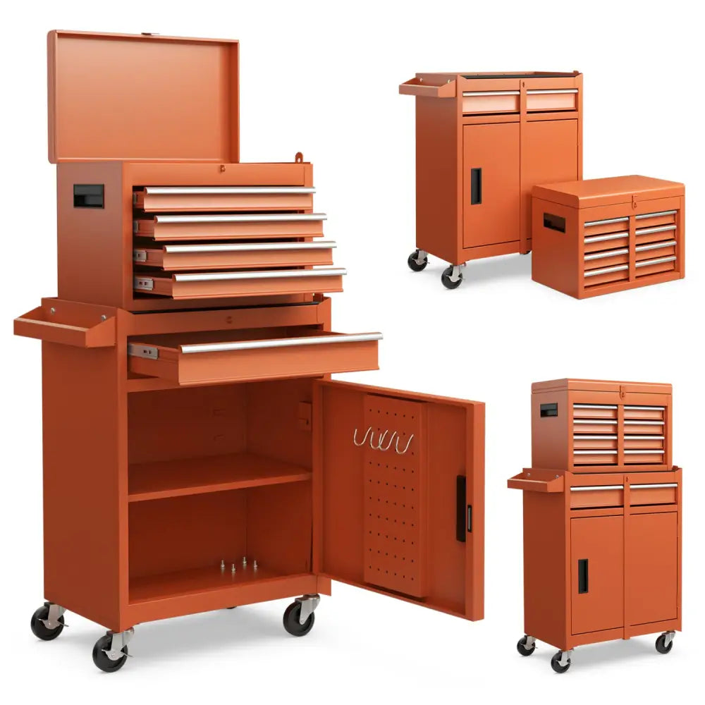 2-in-1 Rolling Tool Chest with 5 Sliding Lockable Drawers-Orange - Orange - Garages