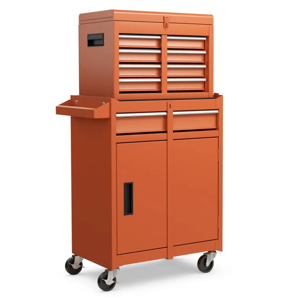 2-in-1 Rolling Tool Chest with 5 Sliding Lockable Drawers-Orange - Orange - Garages