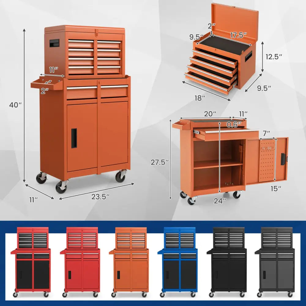 2-in-1 Rolling Tool Chest with 5 Sliding Lockable Drawers-Orange - Orange - Garages