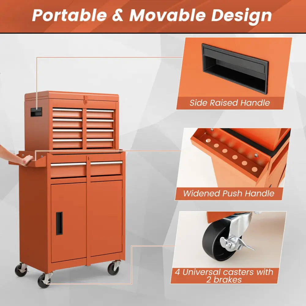 2-in-1 Rolling Tool Chest with 5 Sliding Lockable Drawers-Orange - Orange - Garages