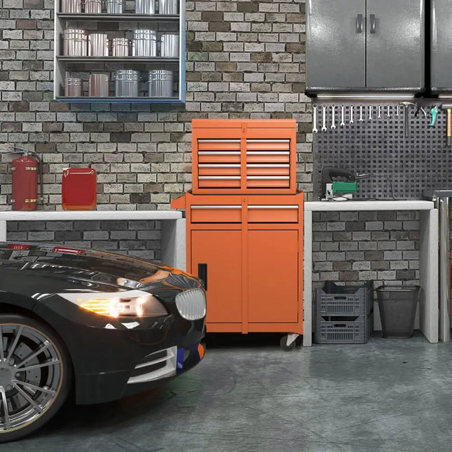 2-in-1 Rolling Tool Chest with 5 Sliding Lockable Drawers-Orange - Orange - Garages