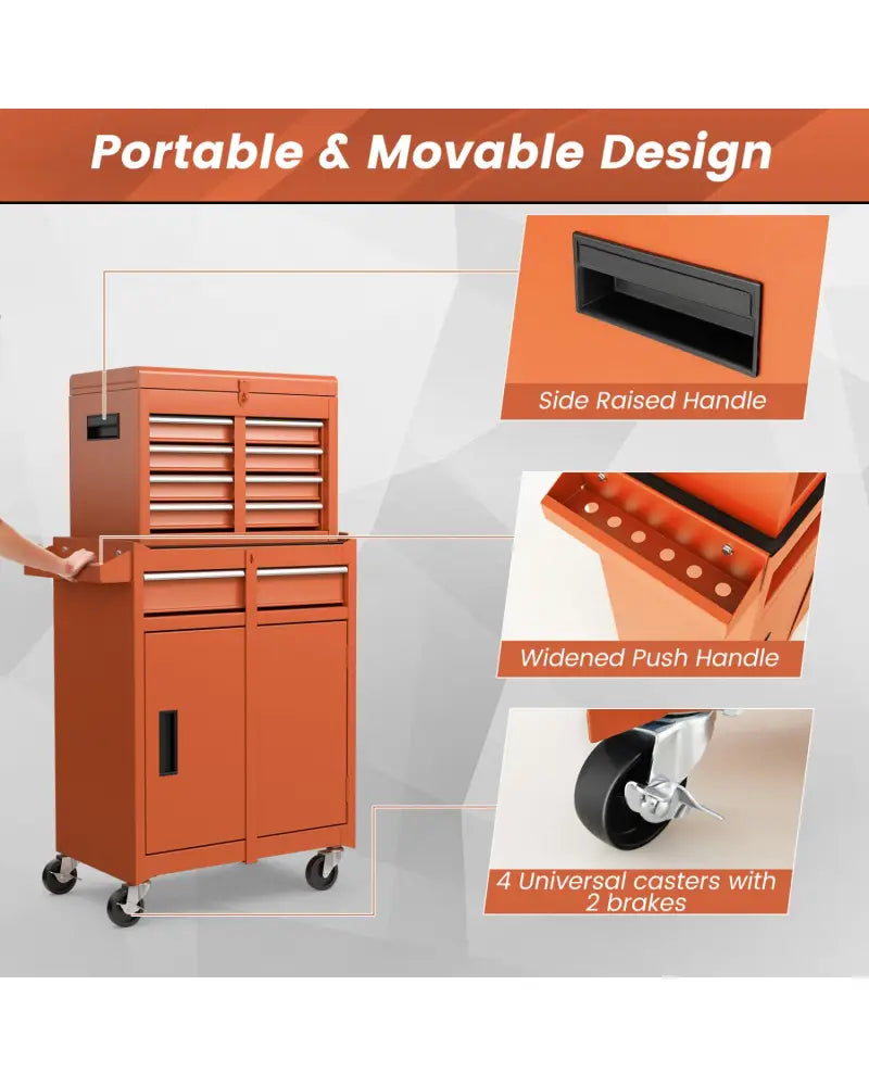 2-in-1 Rolling Tool Chest with 5 Sliding Lockable Drawers-Orange - Orange - Garages