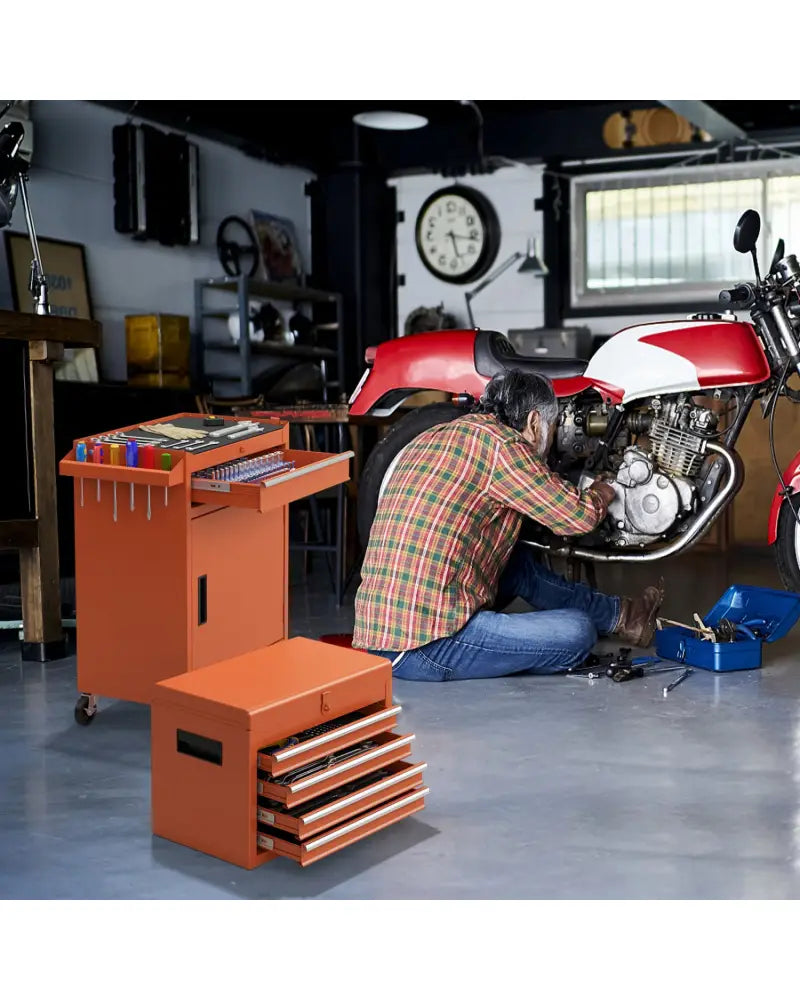 2-in-1 Rolling Tool Chest with 5 Sliding Lockable Drawers-Orange - Orange - Garages