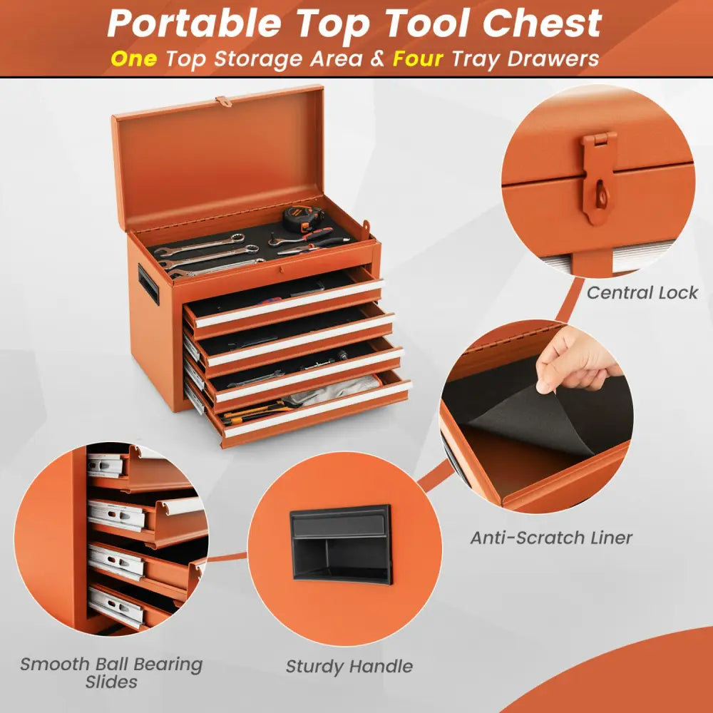 2-in-1 Rolling Tool Chest with 5 Sliding Lockable Drawers-Orange - Orange - Garages