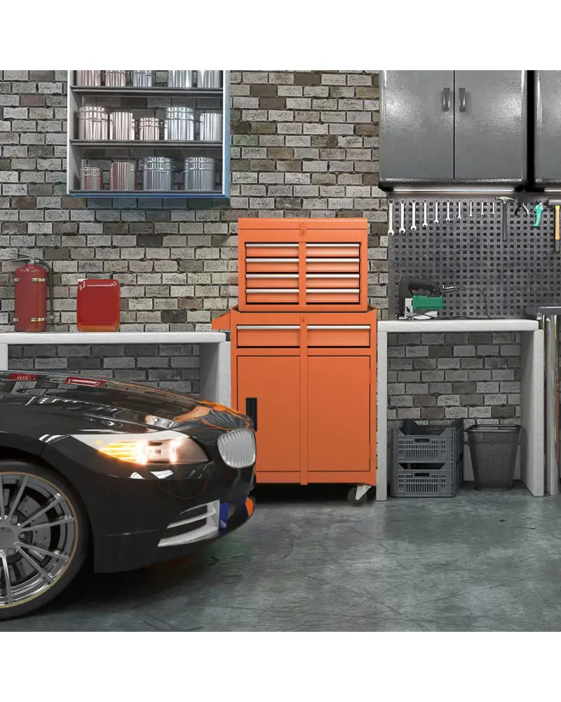 2-in-1 Rolling Tool Chest with 5 Sliding Lockable Drawers-Orange - Orange - Garages