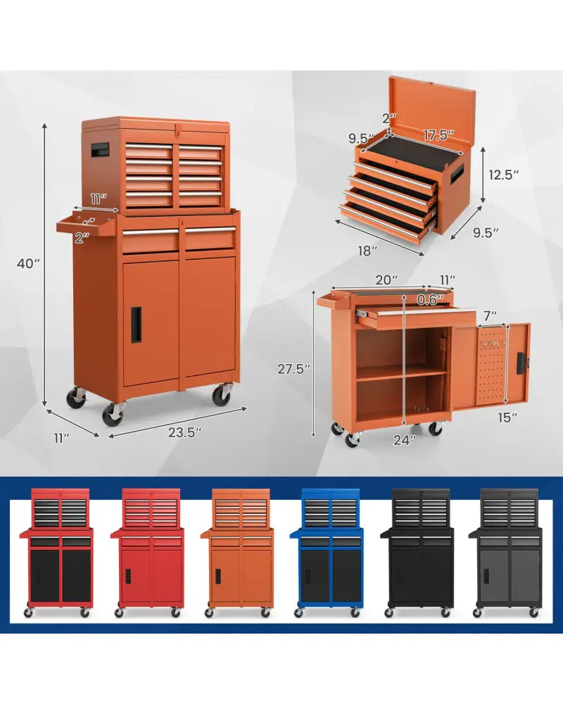 2-in-1 Rolling Tool Chest with 5 Sliding Lockable Drawers-Orange - Orange - Garages