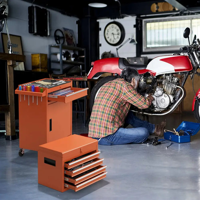 2-in-1 Rolling Tool Chest with 5 Sliding Lockable Drawers-Orange - Orange - Garages