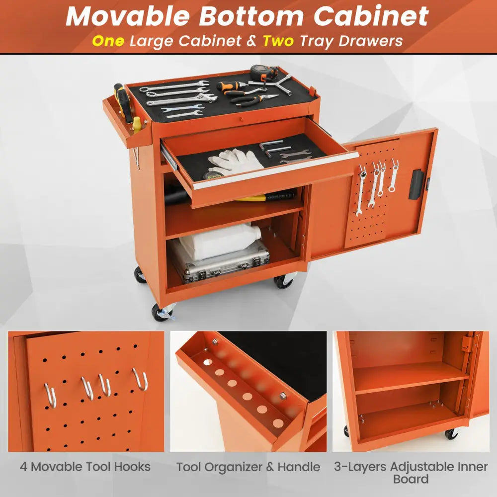 2-in-1 Rolling Tool Chest with 5 Sliding Lockable Drawers-Orange - Orange - Garages