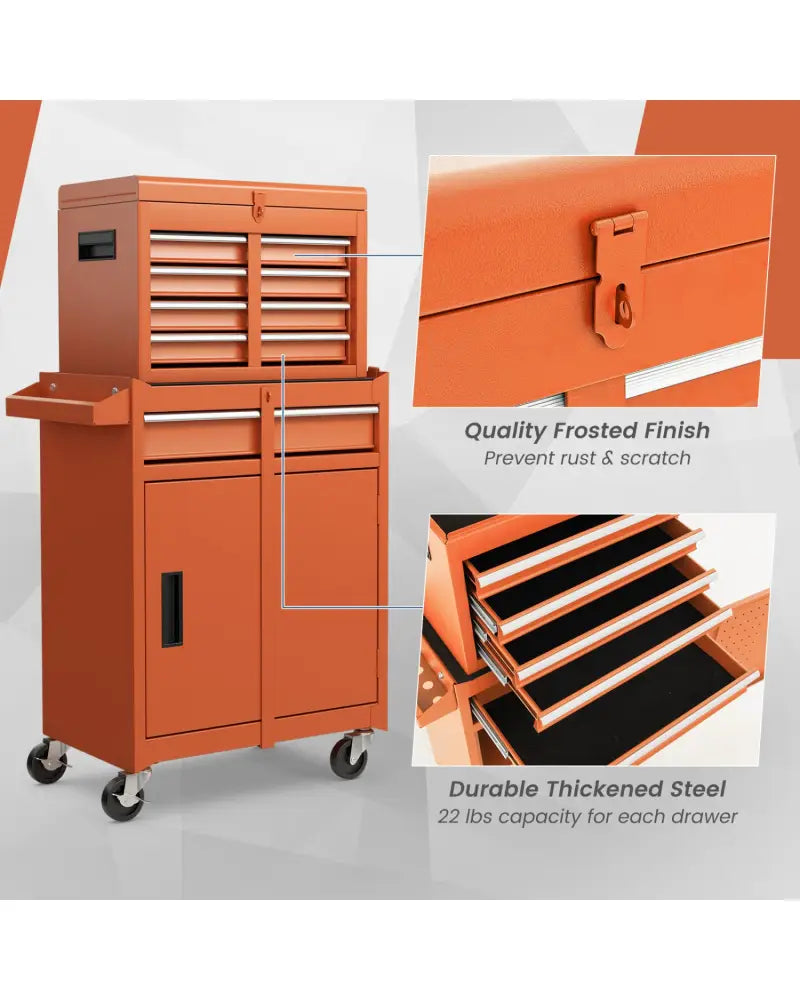 2-in-1 Rolling Tool Chest with 5 Sliding Lockable Drawers-Orange - Orange - Garages