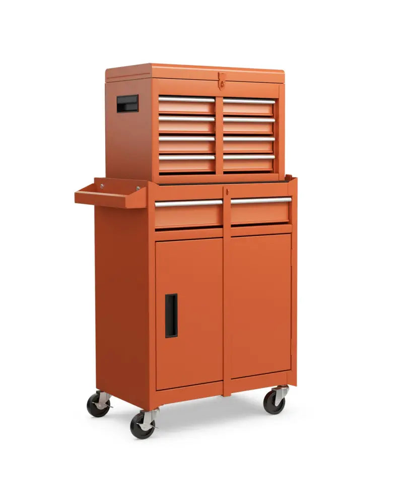 2-in-1 Rolling Tool Chest with 5 Sliding Lockable Drawers-Orange - Orange - Garages