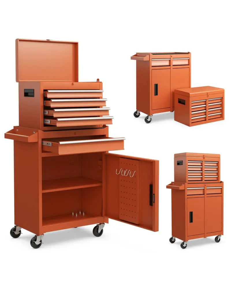2-in-1 Rolling Tool Chest with 5 Sliding Lockable Drawers-Orange - Orange - Garages