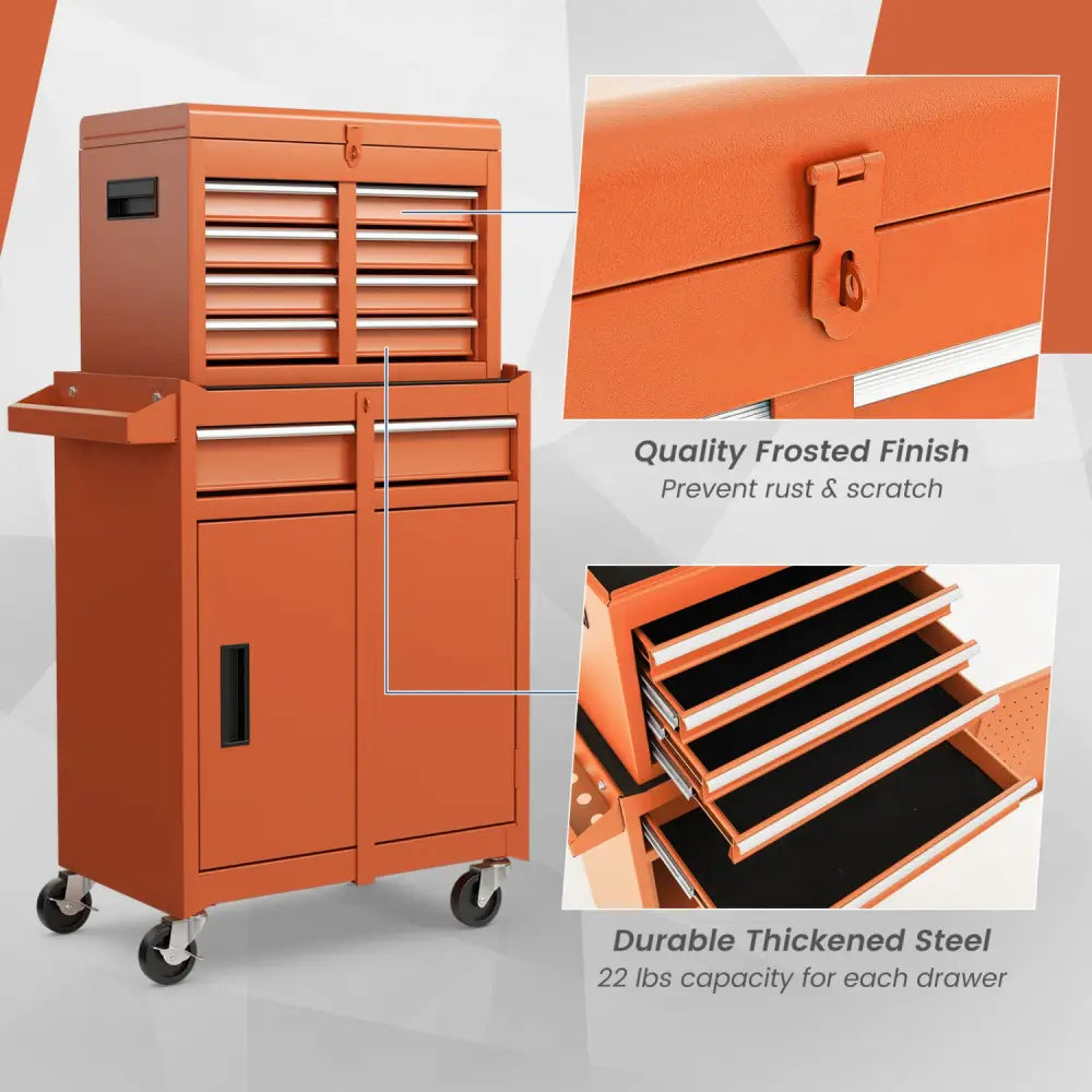 2-in-1 Rolling Tool Chest with 5 Sliding Lockable Drawers-Orange - Orange - Garages