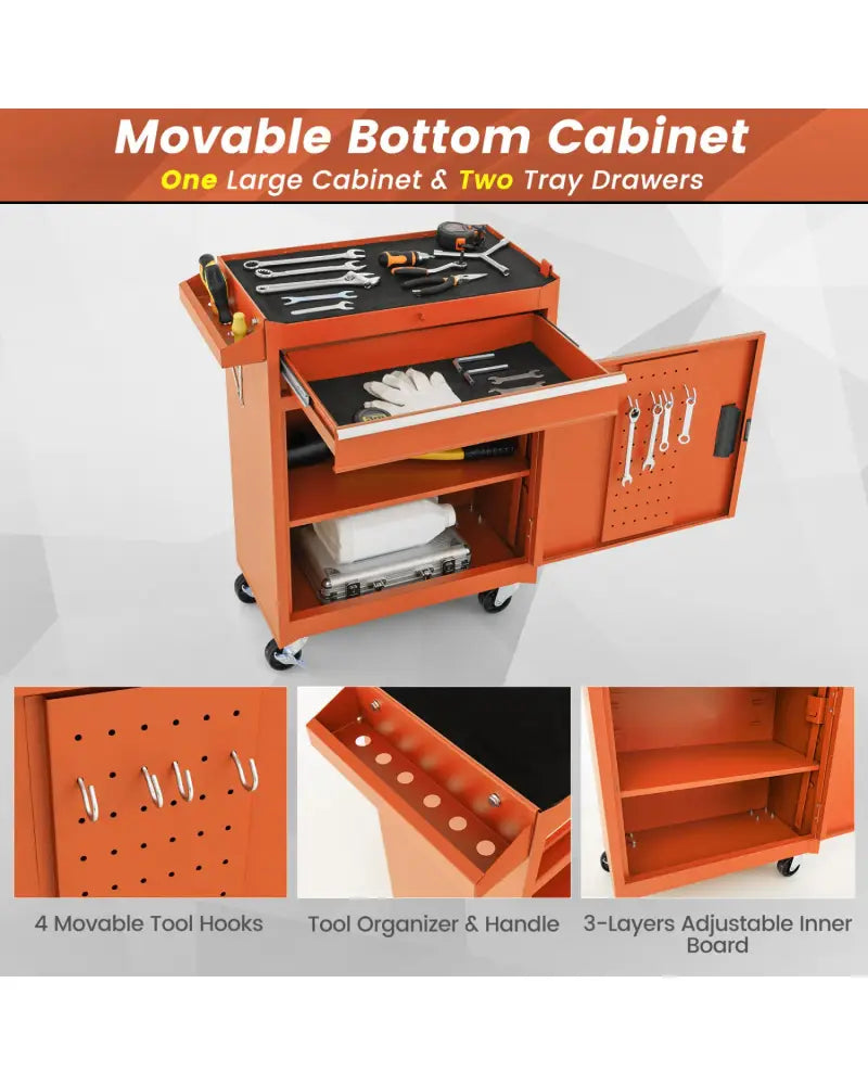 2-in-1 Rolling Tool Chest with 5 Sliding Lockable Drawers-Orange - Orange - Garages
