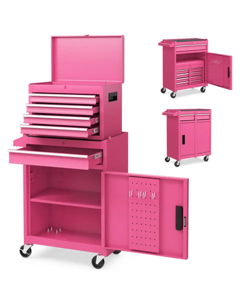 2-in-1 Rolling Tool Chest with 5 Sliding Lockable Drawers-Pink - Pink - Garages