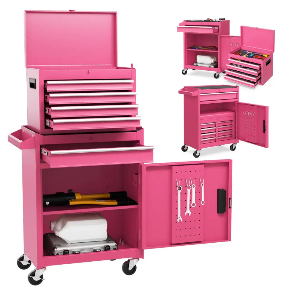 2-in-1 Rolling Tool Chest with 5 Sliding Lockable Drawers-Pink - Pink - Garages