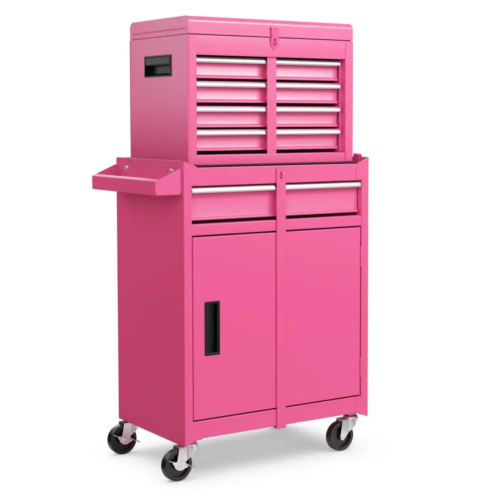 2-in-1 Rolling Tool Chest with 5 Sliding Lockable Drawers-Pink - Pink - Garages