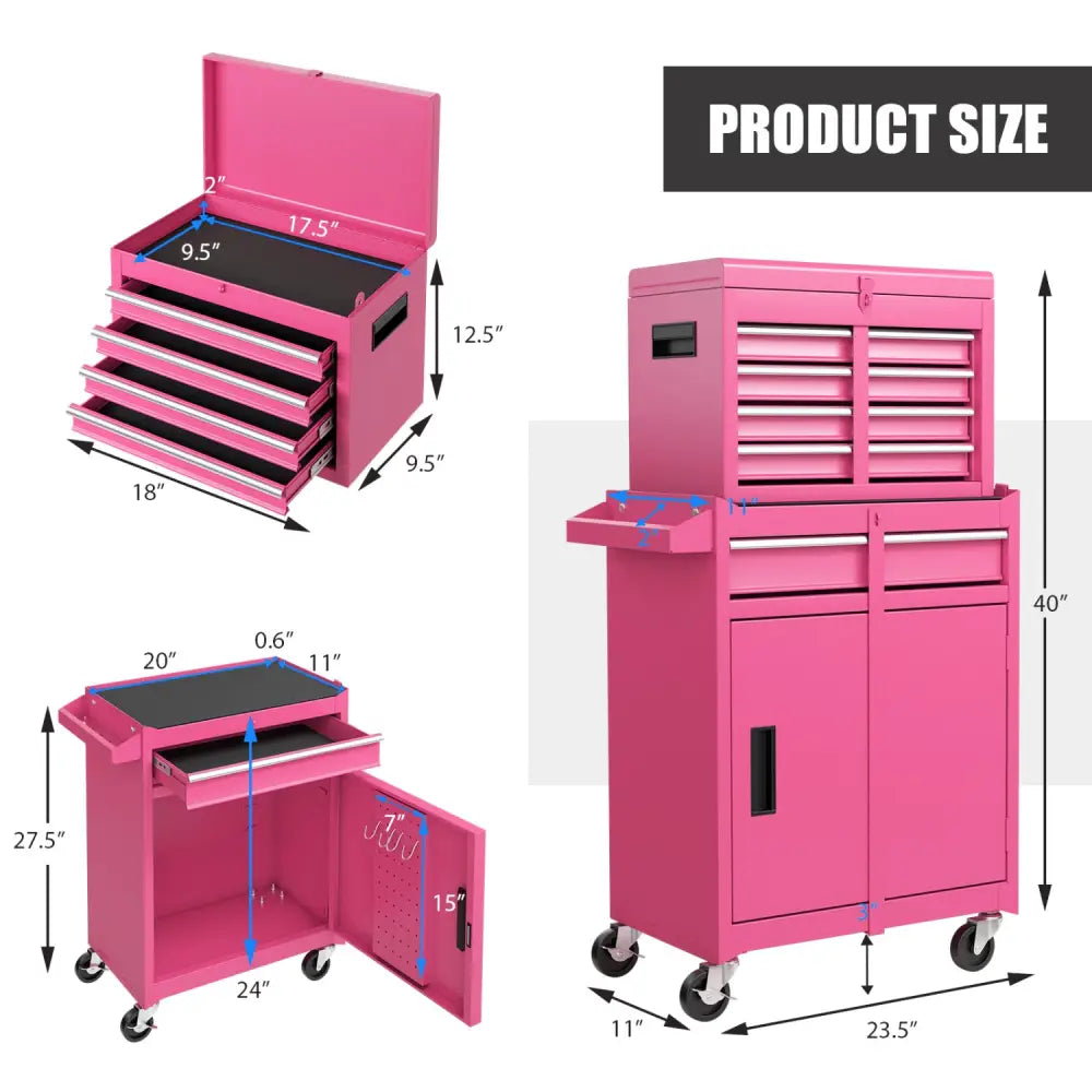 2-in-1 Rolling Tool Chest with 5 Sliding Lockable Drawers-Pink - Pink - Garages
