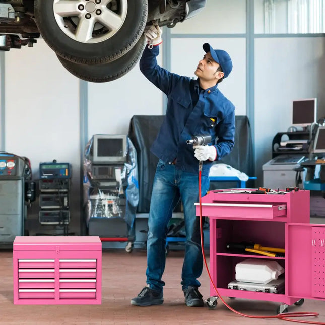 2-in-1 Rolling Tool Chest with 5 Sliding Lockable Drawers-Pink - Pink - Garages
