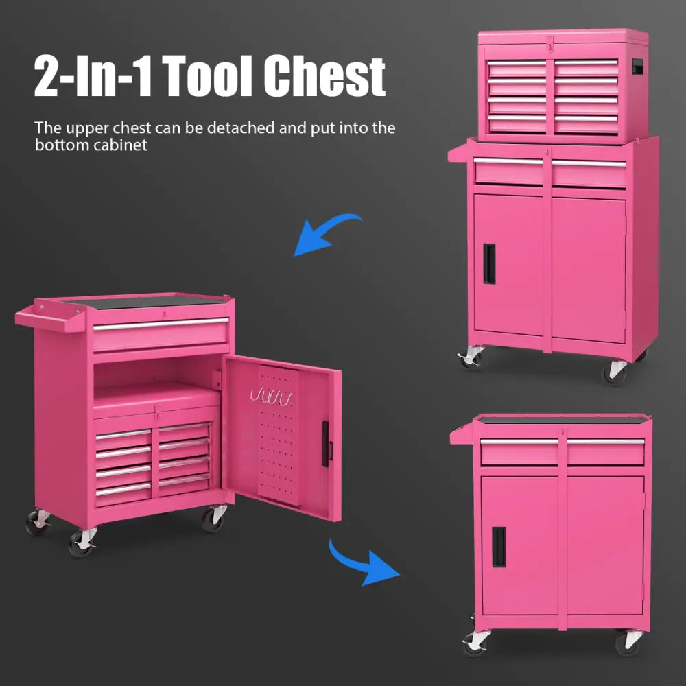 2-in-1 Rolling Tool Chest with 5 Sliding Lockable Drawers-Pink - Pink - Garages