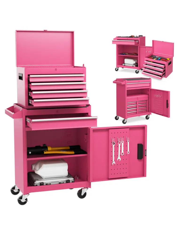2-in-1 Rolling Tool Chest with 5 Sliding Lockable Drawers-Pink - Pink - Garages
