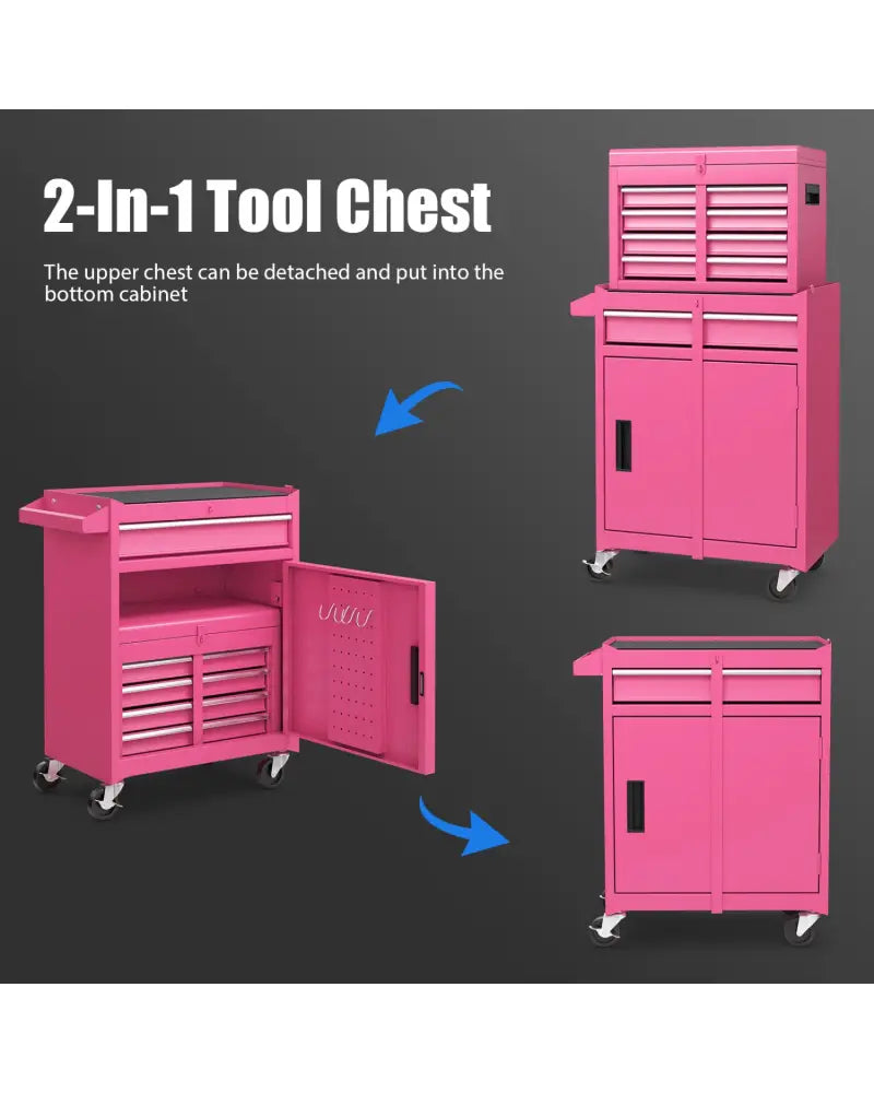 2-in-1 Rolling Tool Chest with 5 Sliding Lockable Drawers-Pink - Pink - Garages