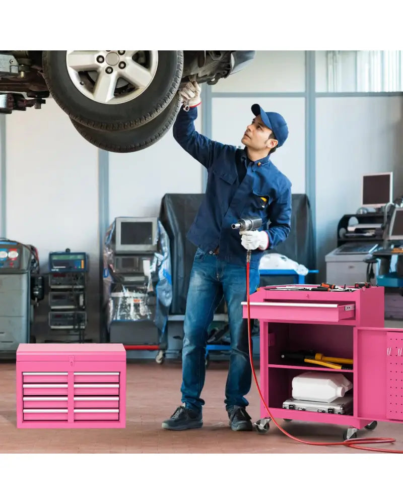 2-in-1 Rolling Tool Chest with 5 Sliding Lockable Drawers-Pink - Pink - Garages