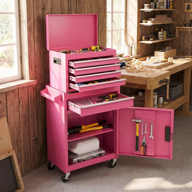2-in-1 Rolling Tool Chest with 5 Sliding Lockable Drawers-Pink - Pink - Garages