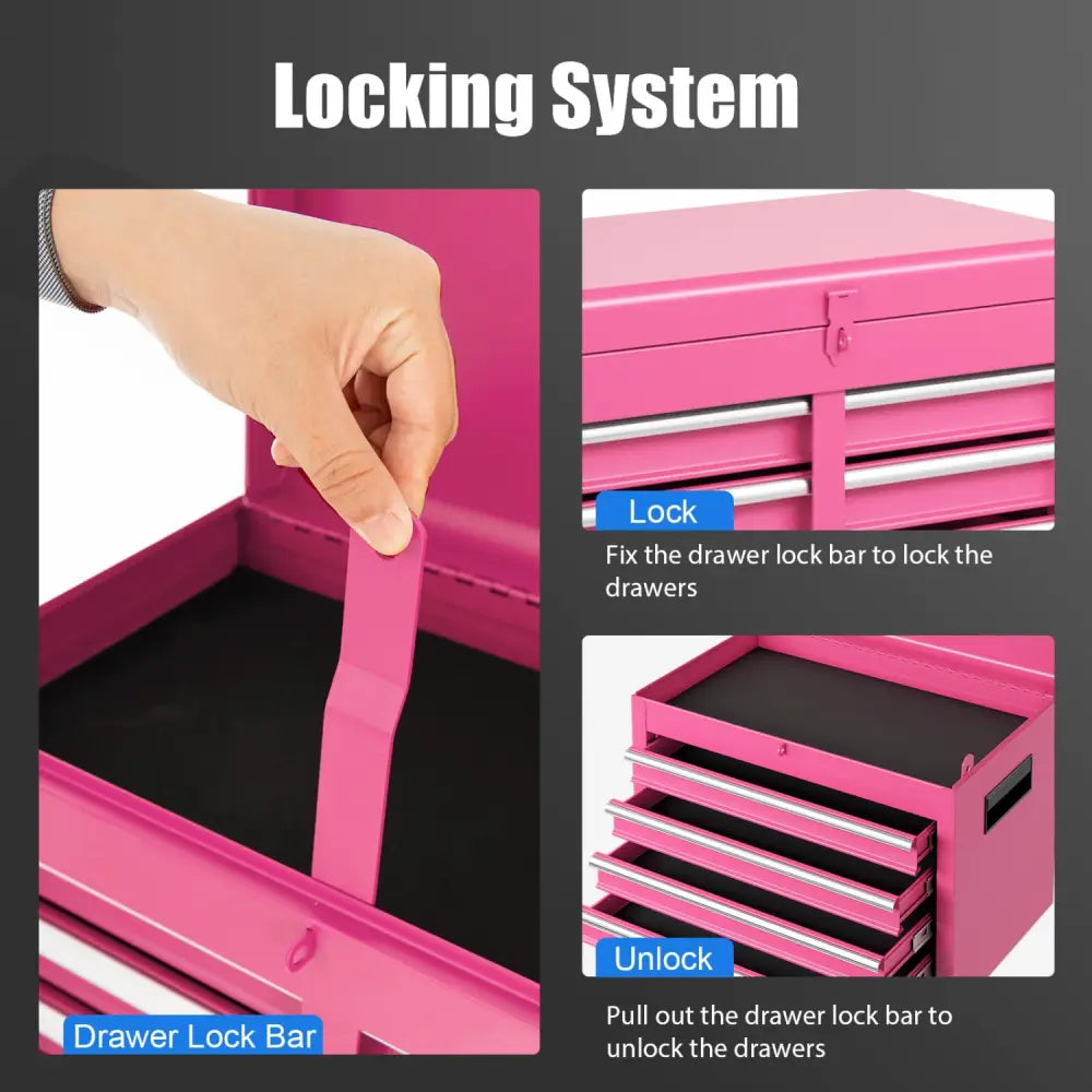 2-in-1 Rolling Tool Chest with 5 Sliding Lockable Drawers-Pink - Pink - Garages