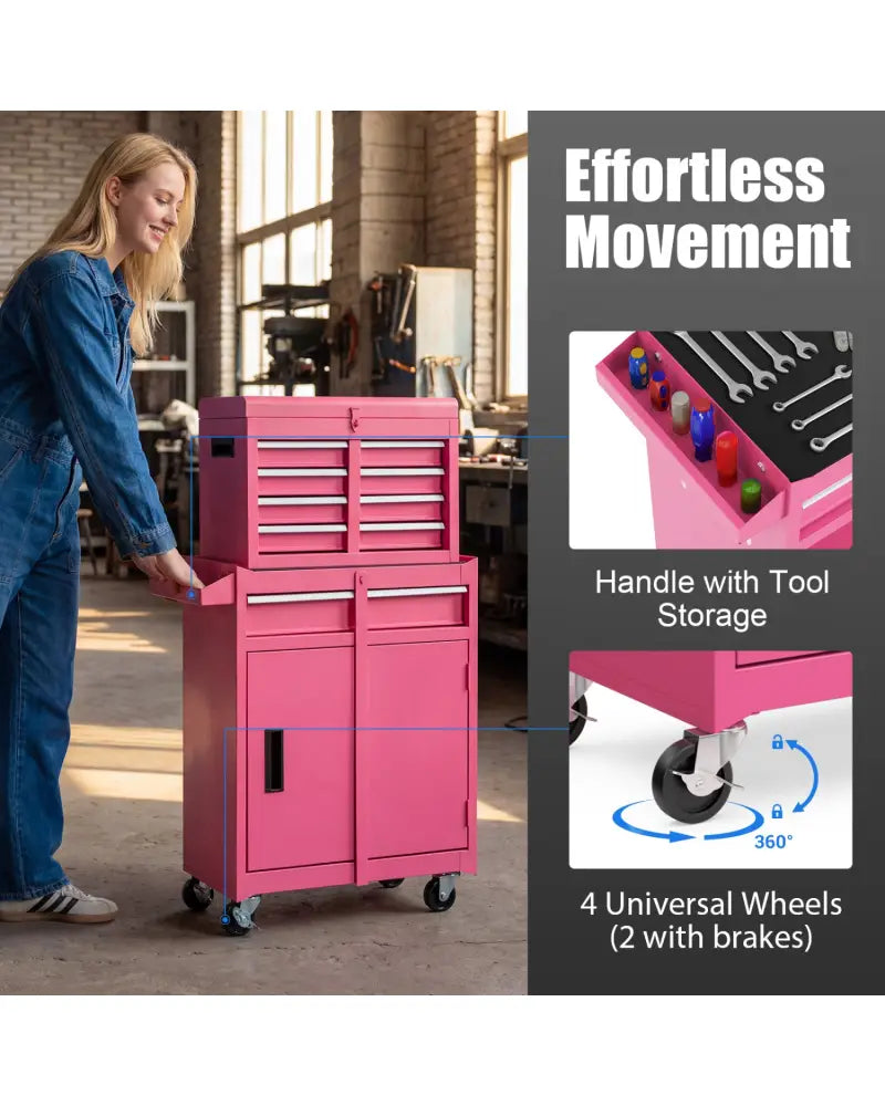 2-in-1 Rolling Tool Chest with 5 Sliding Lockable Drawers-Pink - Pink - Garages