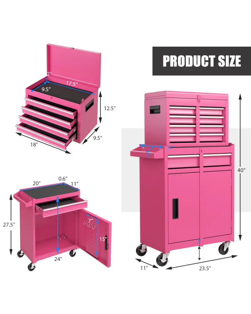 2-in-1 Rolling Tool Chest with 5 Sliding Lockable Drawers-Pink - Pink - Garages