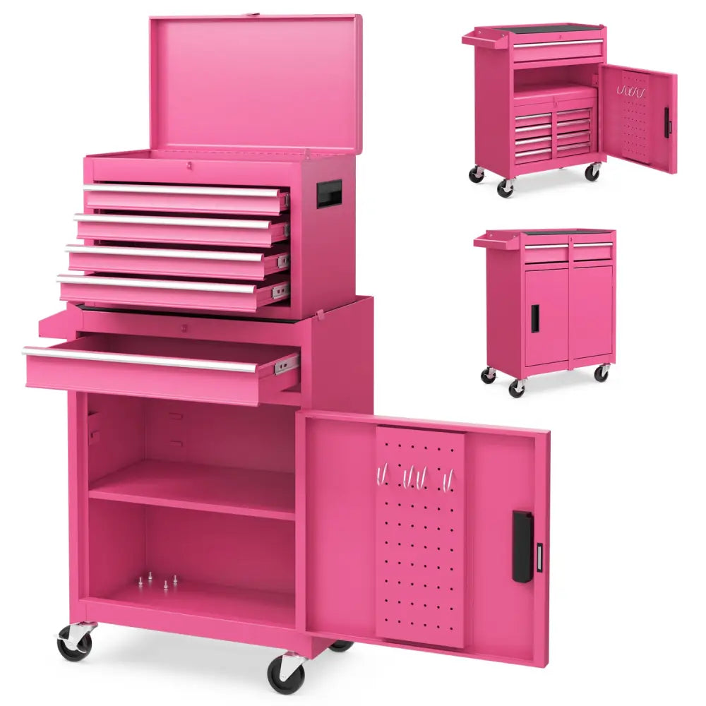 2-in-1 Rolling Tool Chest with 5 Sliding Lockable Drawers-Pink - Pink - Garages