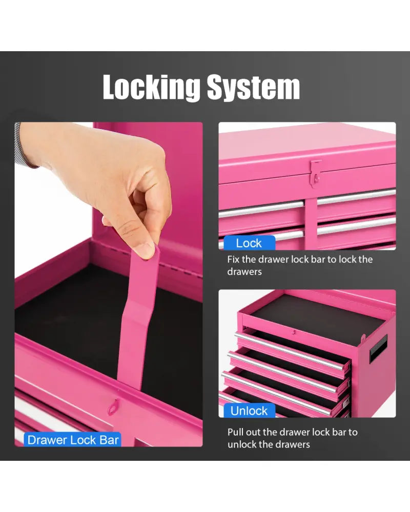 2-in-1 Rolling Tool Chest with 5 Sliding Lockable Drawers-Pink - Pink - Garages