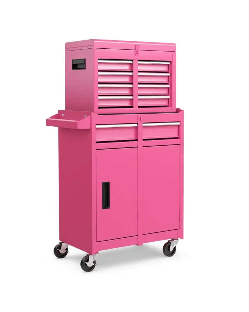 2-in-1 Rolling Tool Chest with 5 Sliding Lockable Drawers-Pink - Pink - Garages