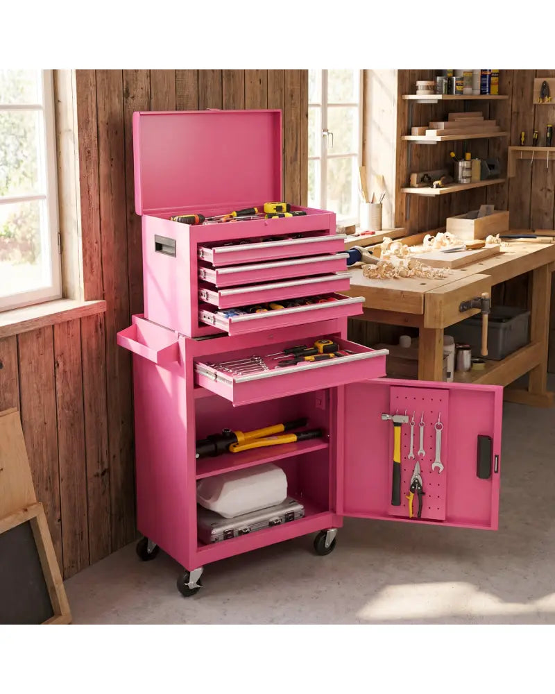 2-in-1 Rolling Tool Chest with 5 Sliding Lockable Drawers-Pink - Pink - Garages